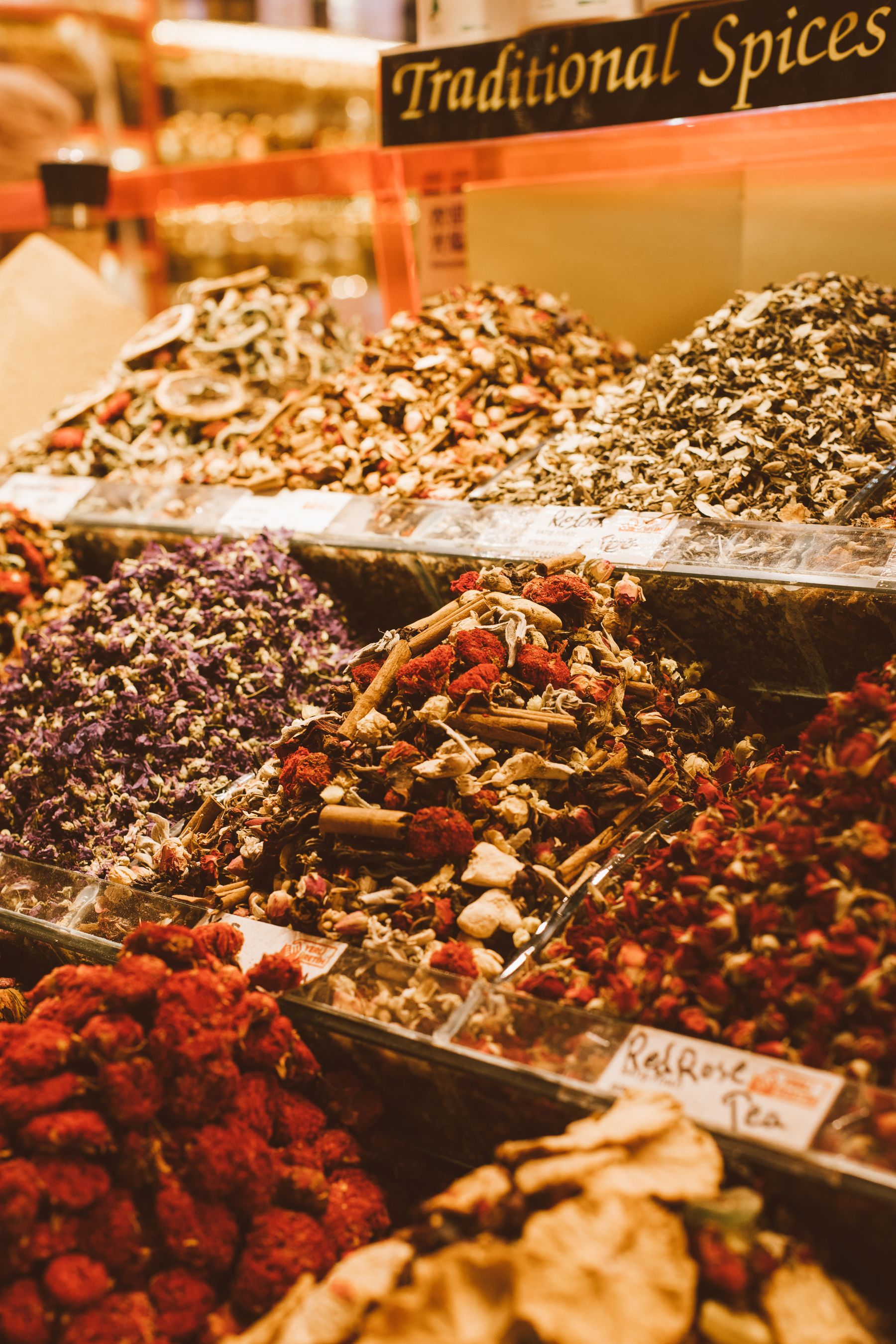 Open spice sacks at a market