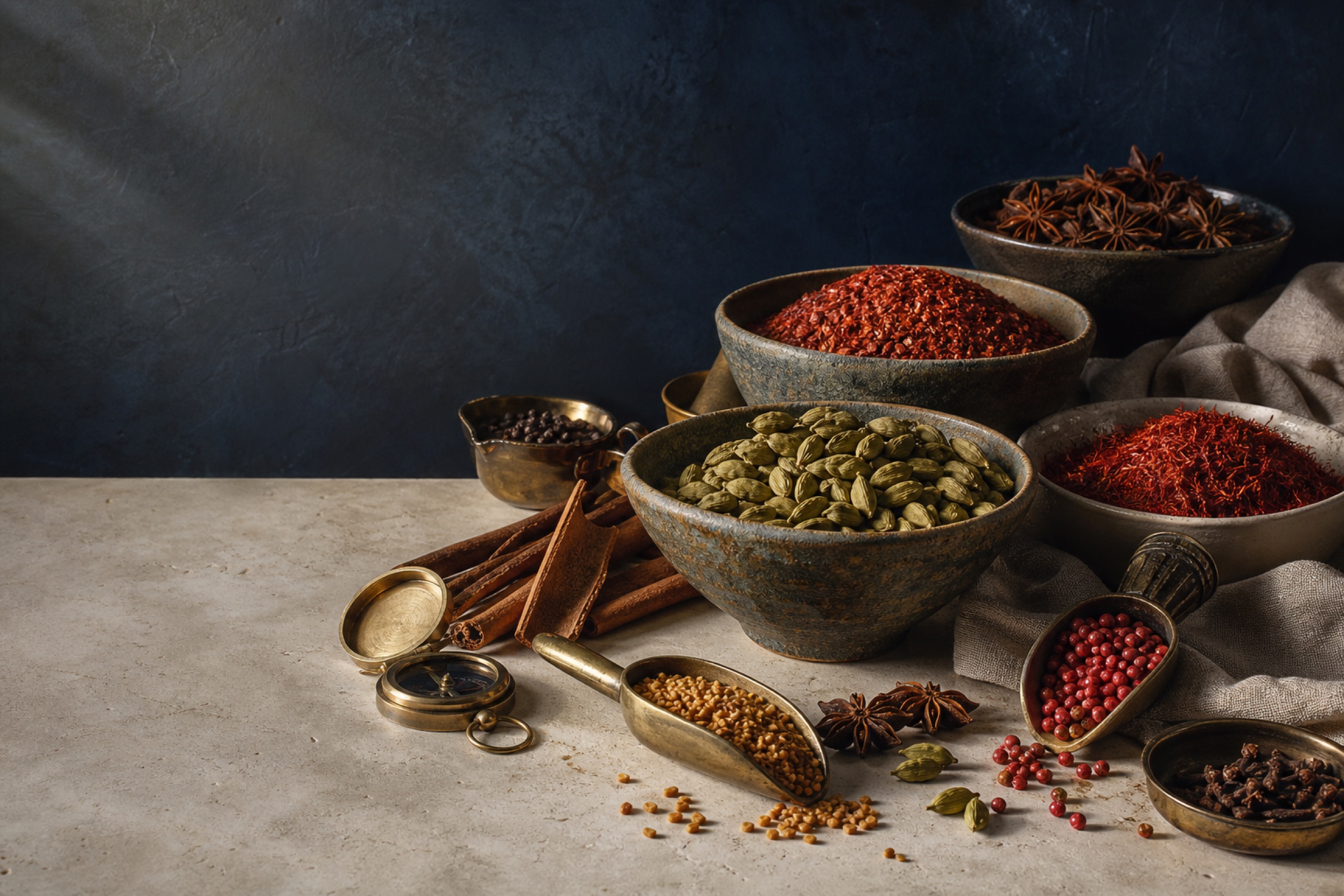Historic spice merchant arranging whole spices